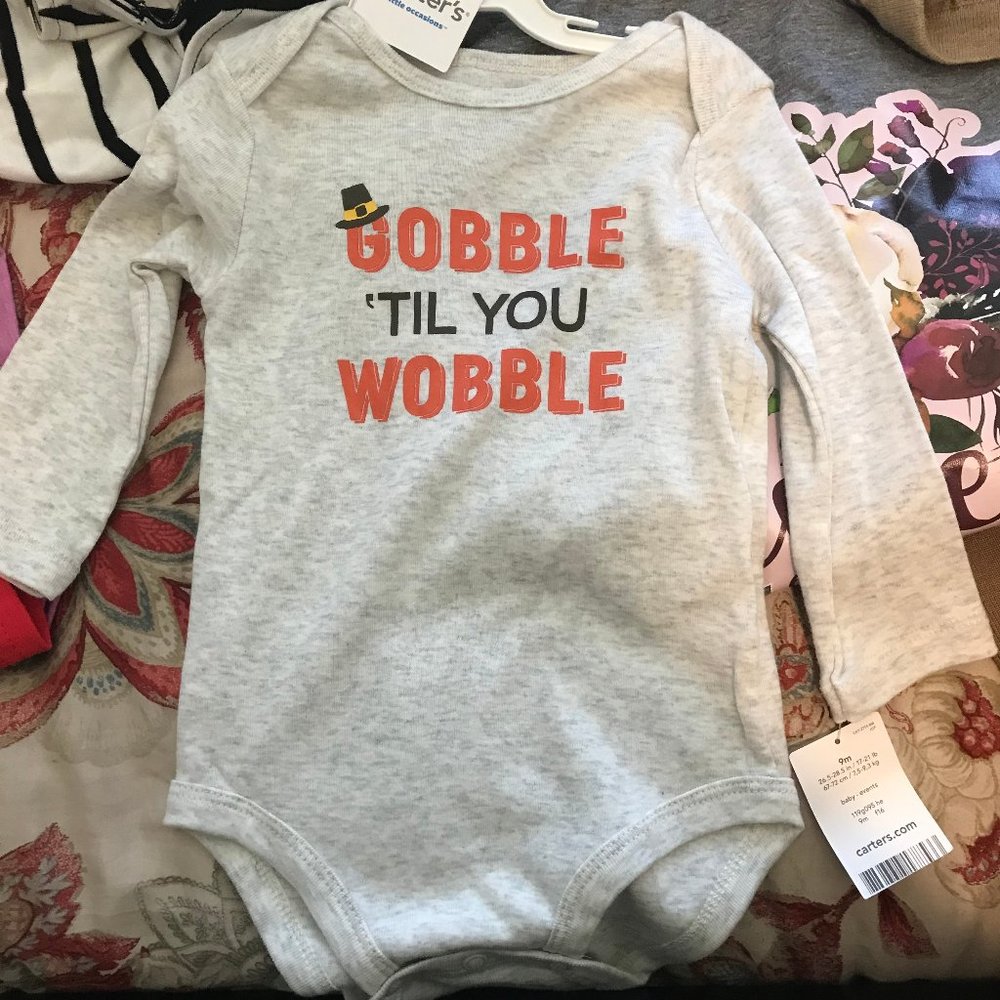 CARTER'S ONESIE SIZE 9M  GOOBLE TIL YOU WOBBLE- HEATHER GRAY